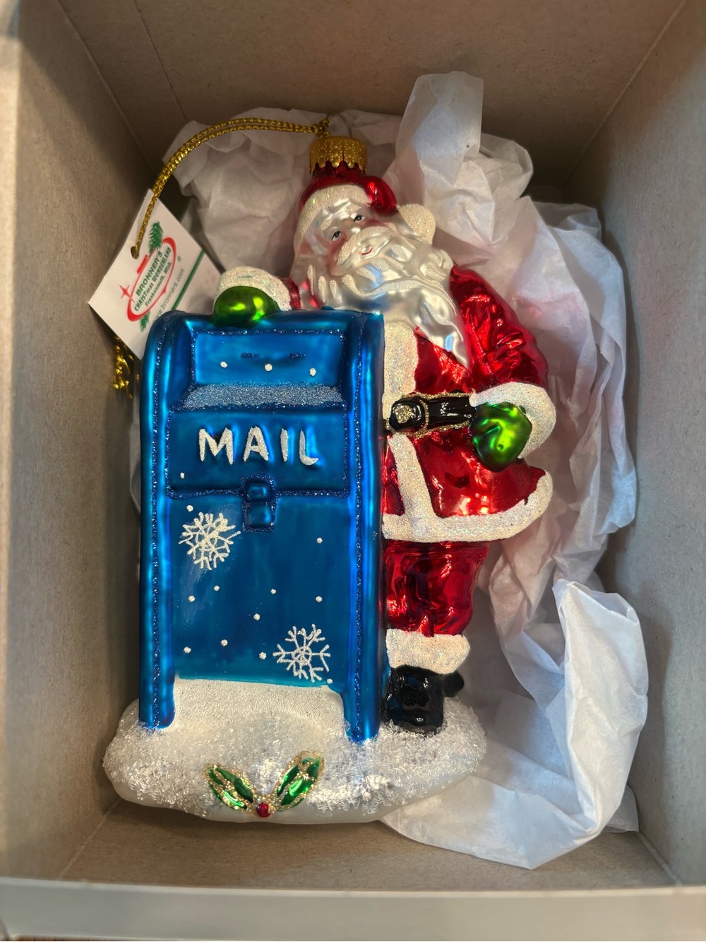 Bronner’s Christmas Wonderland- Mailbox Santa - Glass Ornament in Original Box